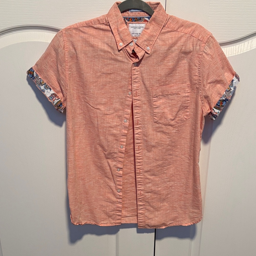 Denim & Flower Coral Button-Down Short Sleeve Shirt with Patterned Cuff